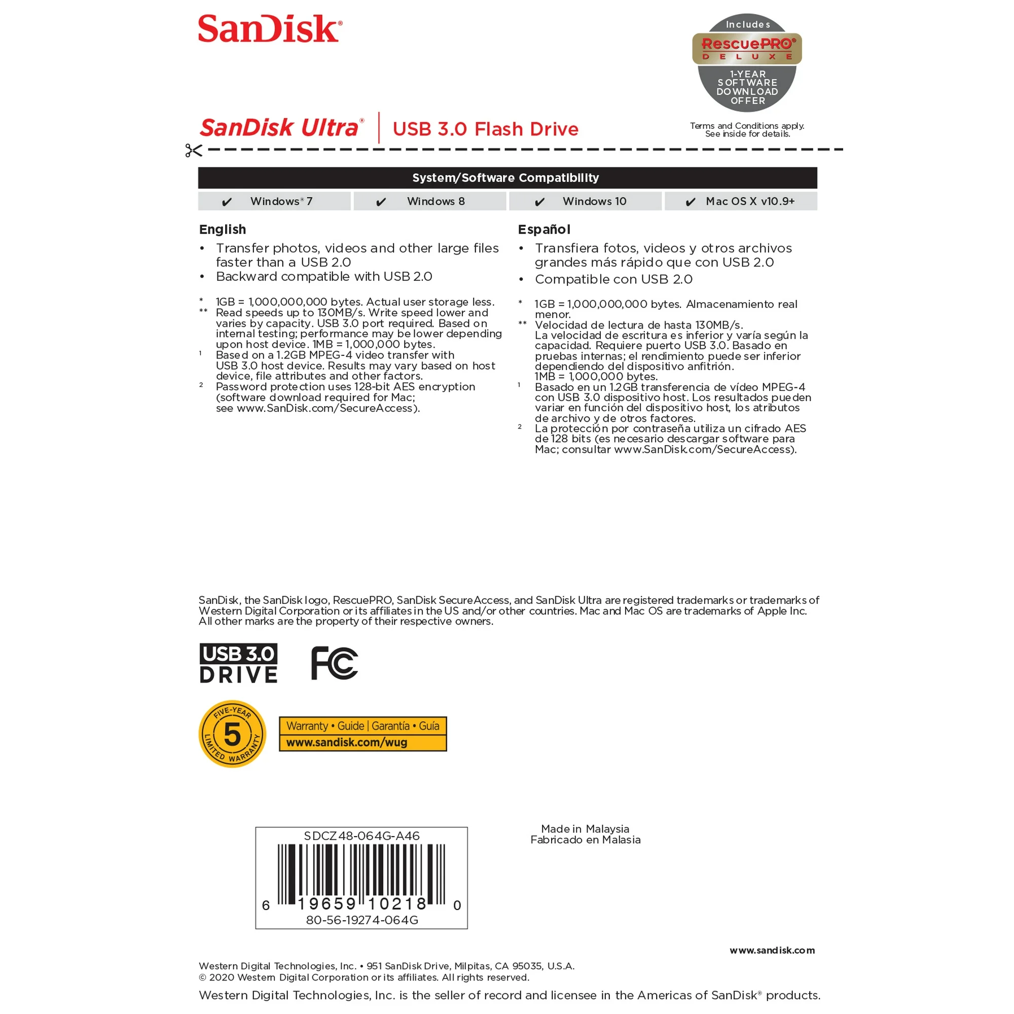 SanDisk 64GB Ultra USB 3.0 Flash Drive - 130MB/s - SDCZ48-064G-AW46 64GB